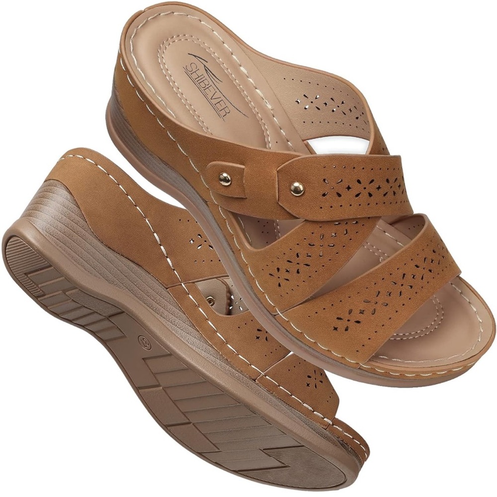 SHIBEVER Women's Sandals Wedge Summer Bohemian Hollow Out Slip On Flats Ladies